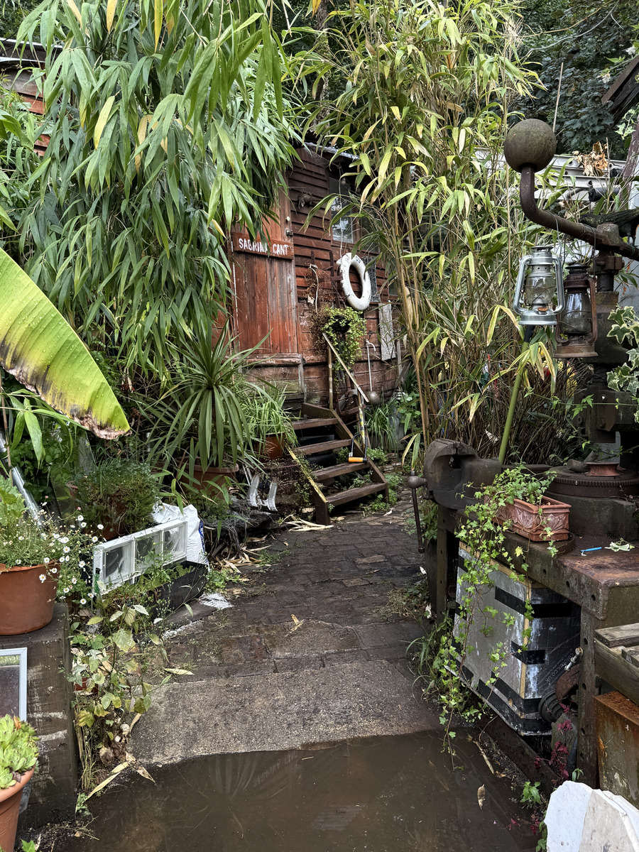 a pathway weaving its way through eel pie island past greenery and hidden doors