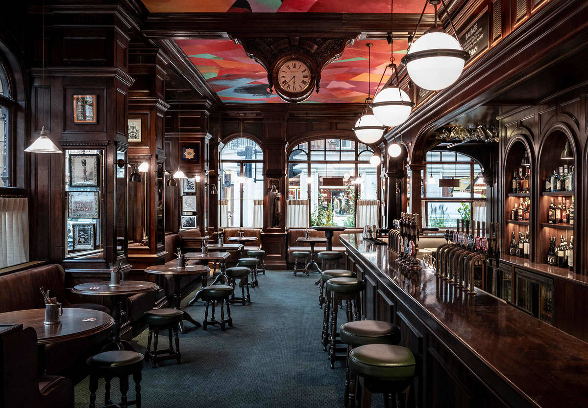 the dark wooden Interior of The Audley Public House at Mayfair