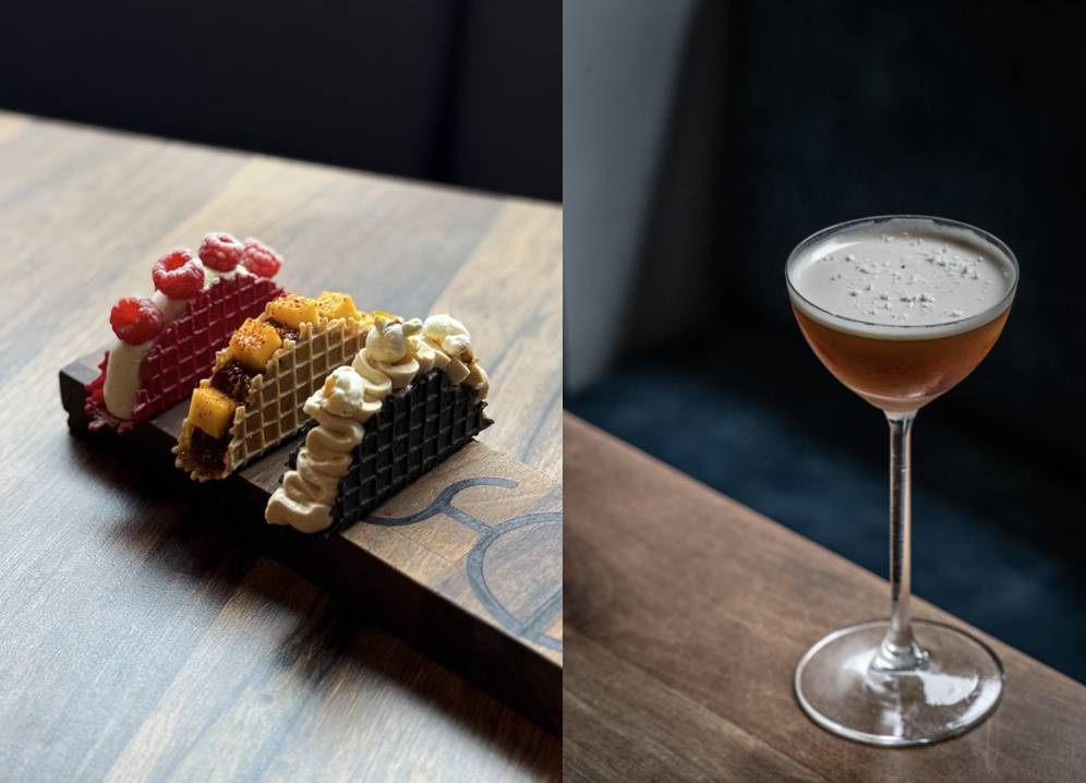 a split screen image showing three ice cream tacos and a cocktail