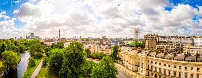 Cityscape views from Regent's Park in Central London