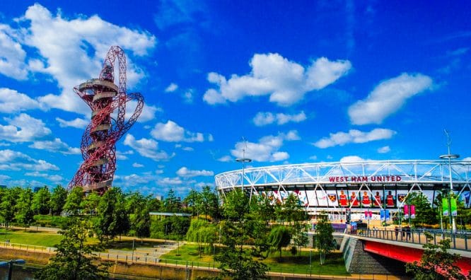 Blue skies over the leafy Queen Elizabeth Olympic Park, one of London's parks