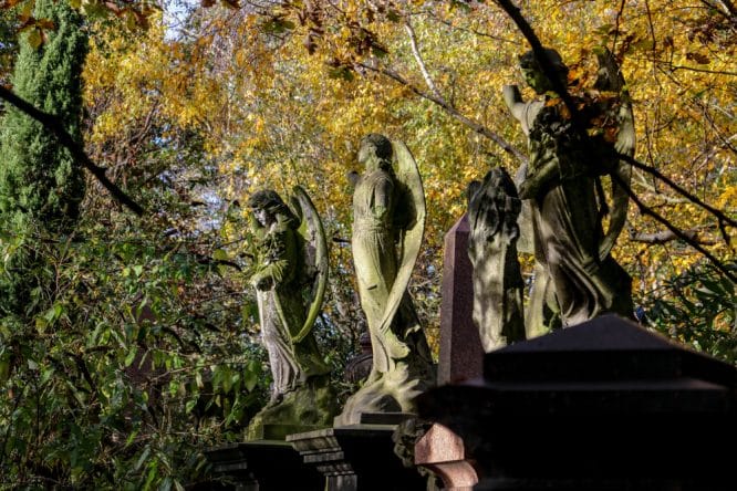 Statues in the cemetery of Abney Park in Stoke Newington