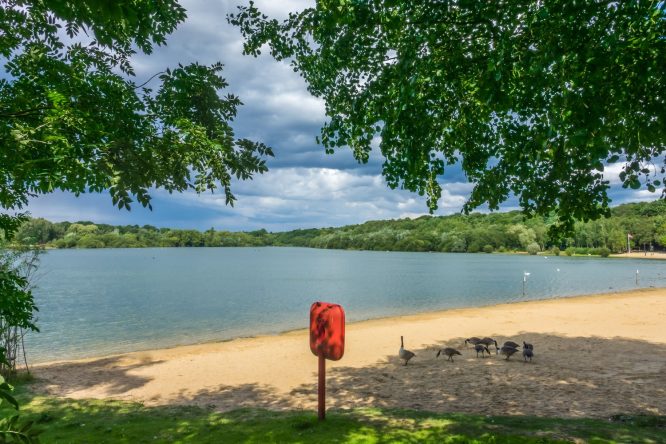 The sunny inland beach at Ruislip in London, England