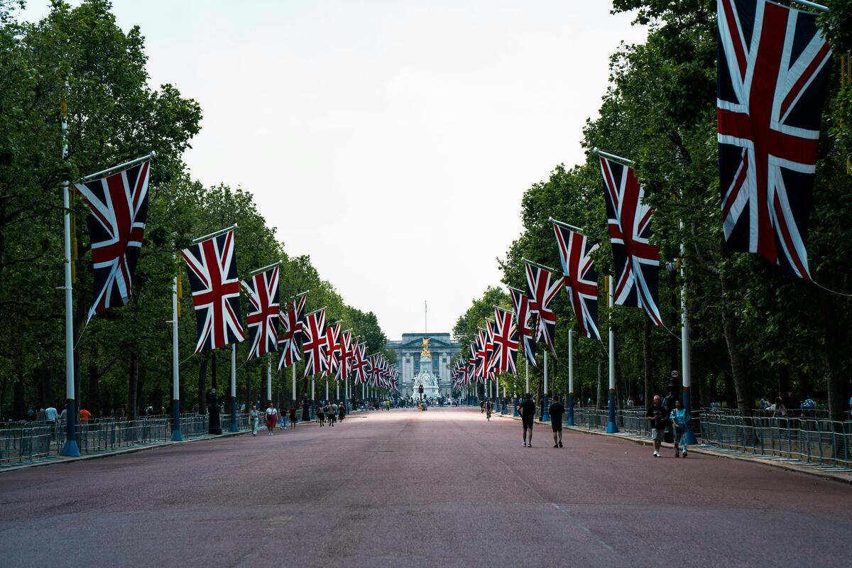the view down the mall leading to buckingham palace - the road is lined with union jack flags