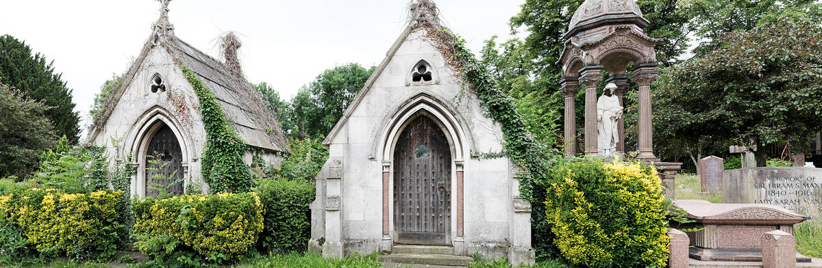 Facade of Gothic catacomb in West Norwood Cemetery and Crematorium