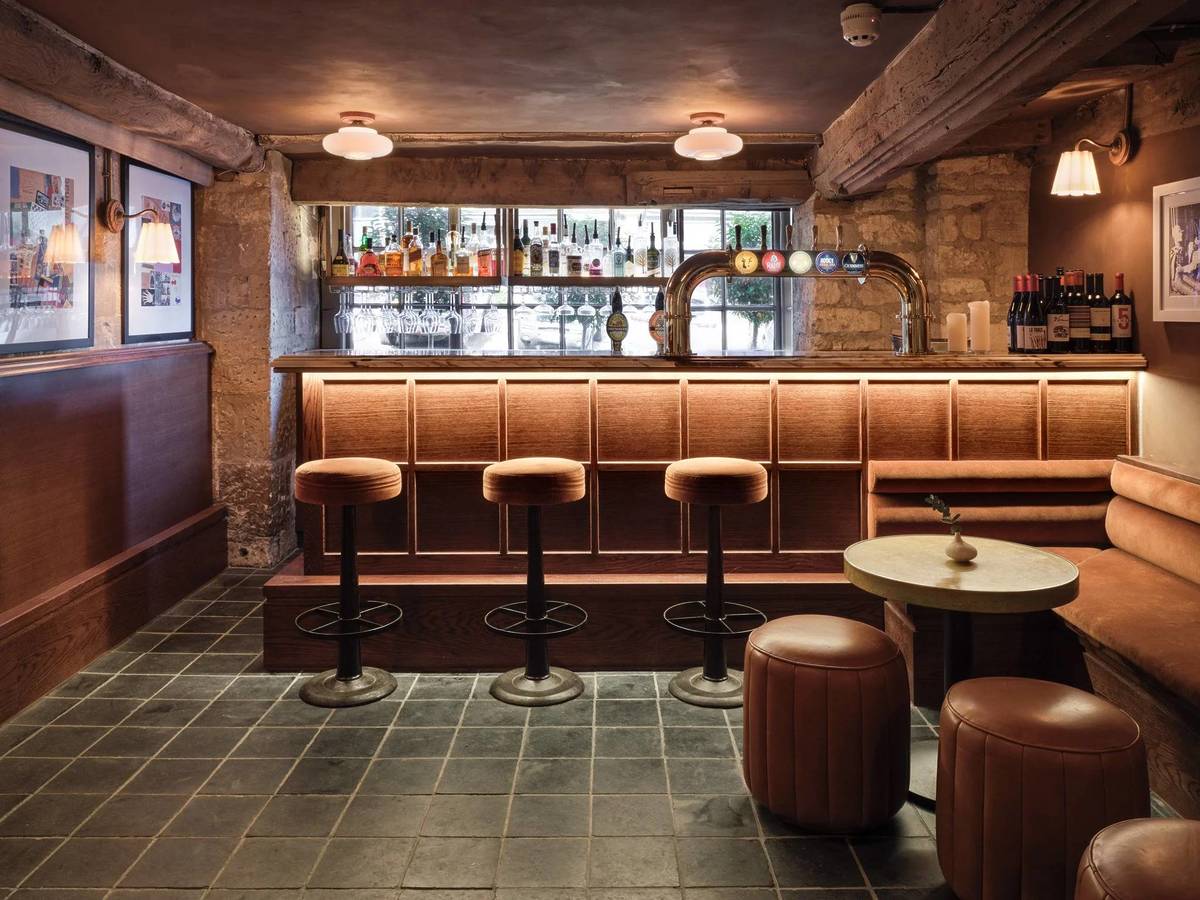 the fancy, remodelled pub bar area of the highway inn - one of the uk's oldest pubs