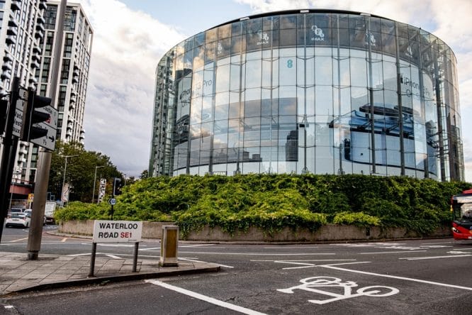 The huge exterior of the ODEON IMAX in Waterloo with the biggest screen in the UK