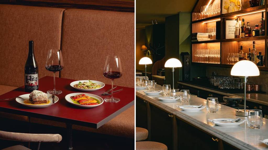 une image en deux parties : à gauche, une table rouge sur laquelle sont posés trois assiettes de plats appétissants, accompagnées de deux verres de vin rouge et d'une bouteille de vin. À droite, l'intérieur de Sova avec ses étagères remplies de vinyles, son bar en marbre et ses murs vert olive