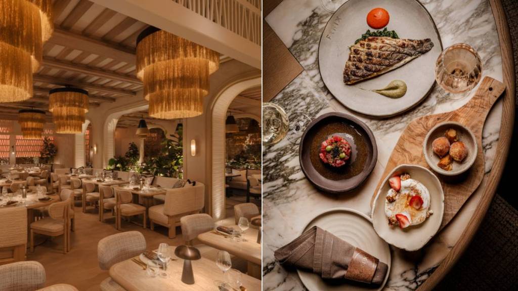 a split image: on the right, a selection of small, artful dishes on a marble table. On the left, the stylish interiors of Fenix Mayfair
