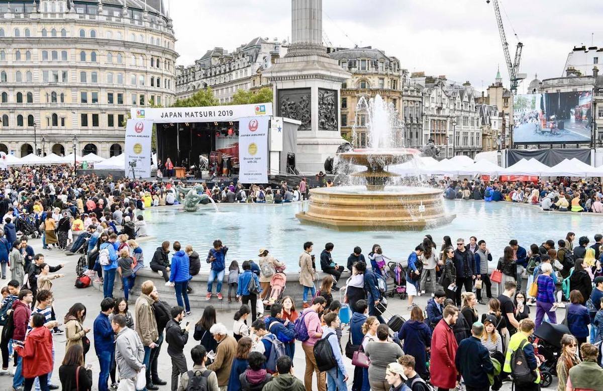 Trafalgar Square filled with people attending the Japan Matsuri festival