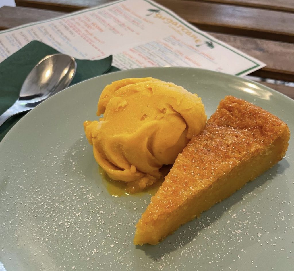 an alcohol-soaked cake and ice cream at Sugarcane London