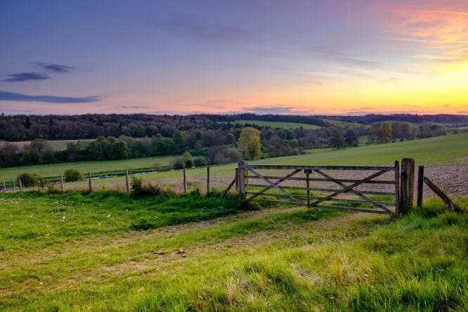 A sunset over the rolling hills of the beautiful Chess Valley in Hertfordshire, England
