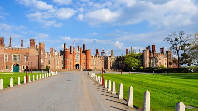 The exterior of the magnificent Hampton Court in Hampton Court, Surrey