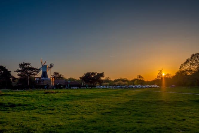 Wimbledon Common and the windmill at sunset in London, England