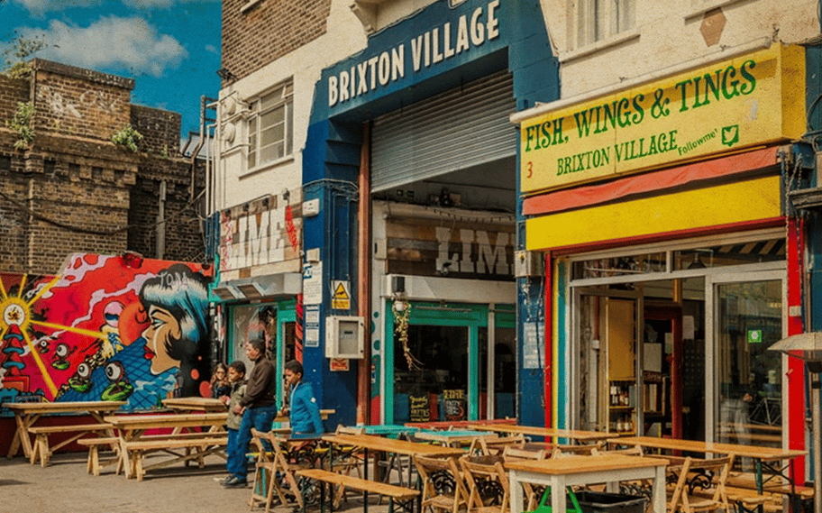 a shot of Brixton village exterior, where you can also see the entrance to the Fish Wings & Tings restaurant