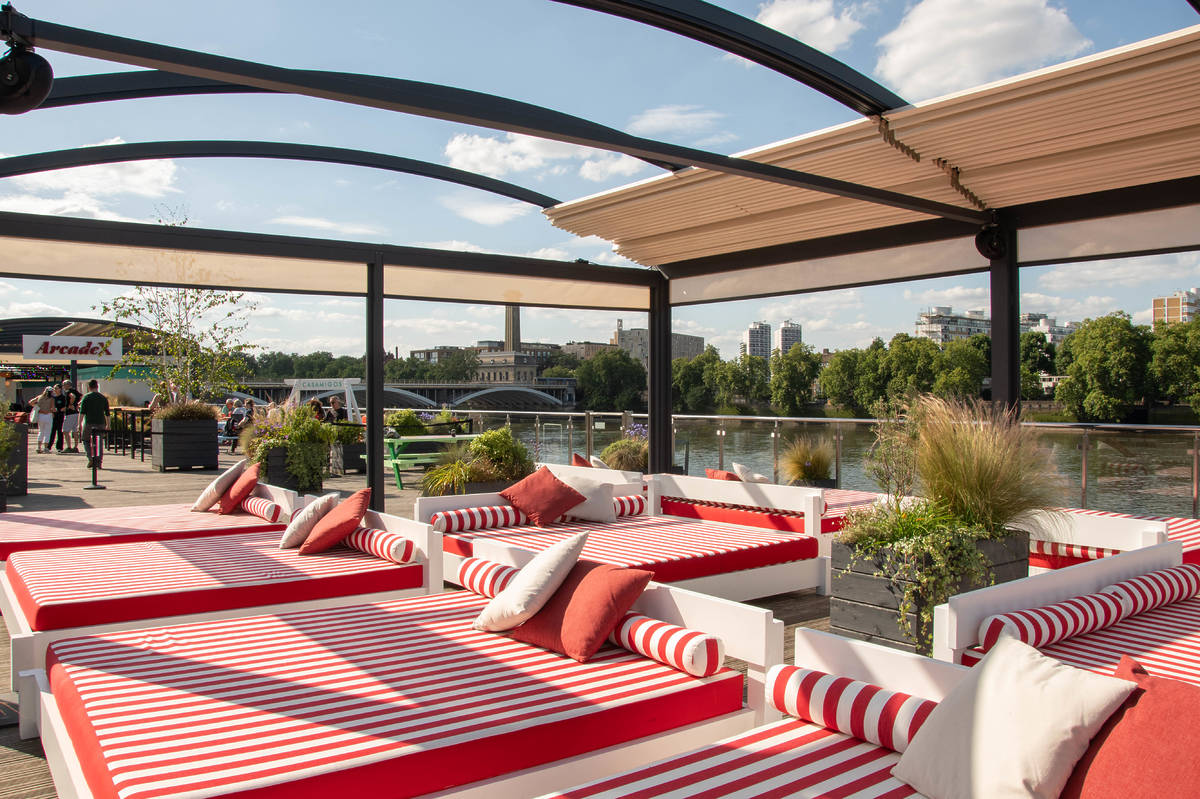 red and white loungers at arcade x