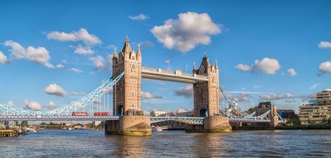 A photo of Tower Bridge and the River Thames in London, England