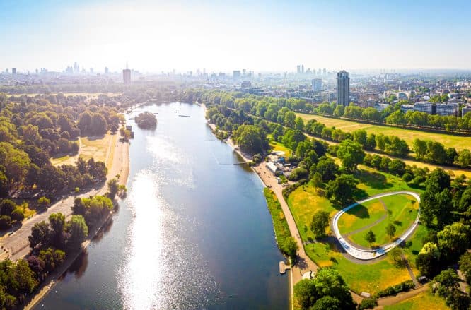 An aerial view of the Serpentine in Hyde Park where you can go roller skating with a group