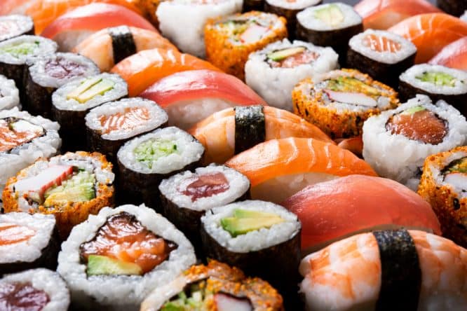 A picture of various different varieties of sushi served at a restaurant in London
