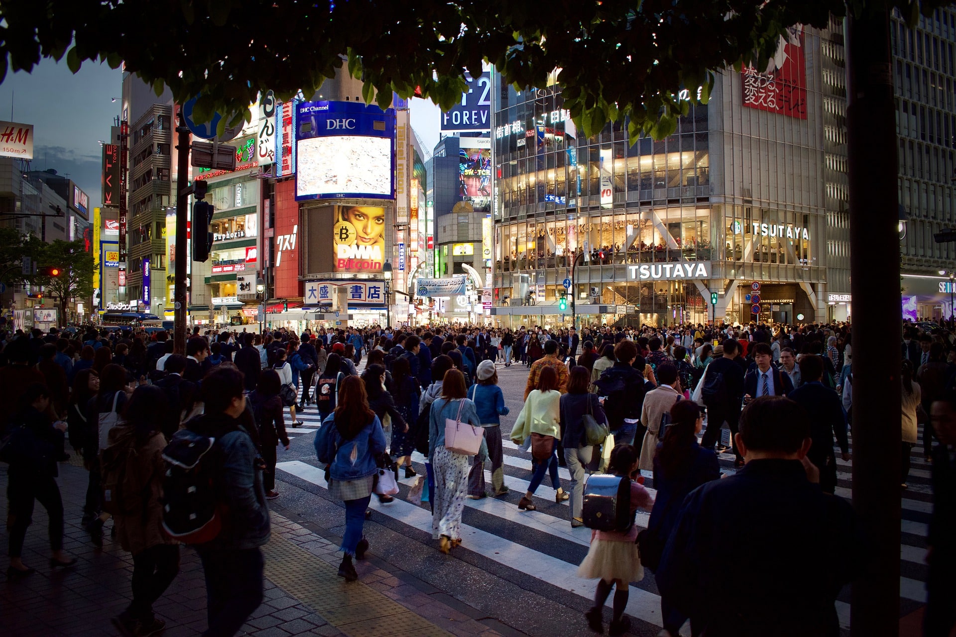 a busy crossing at night in Japan with many people crossing the street with the lit up billboards in the background