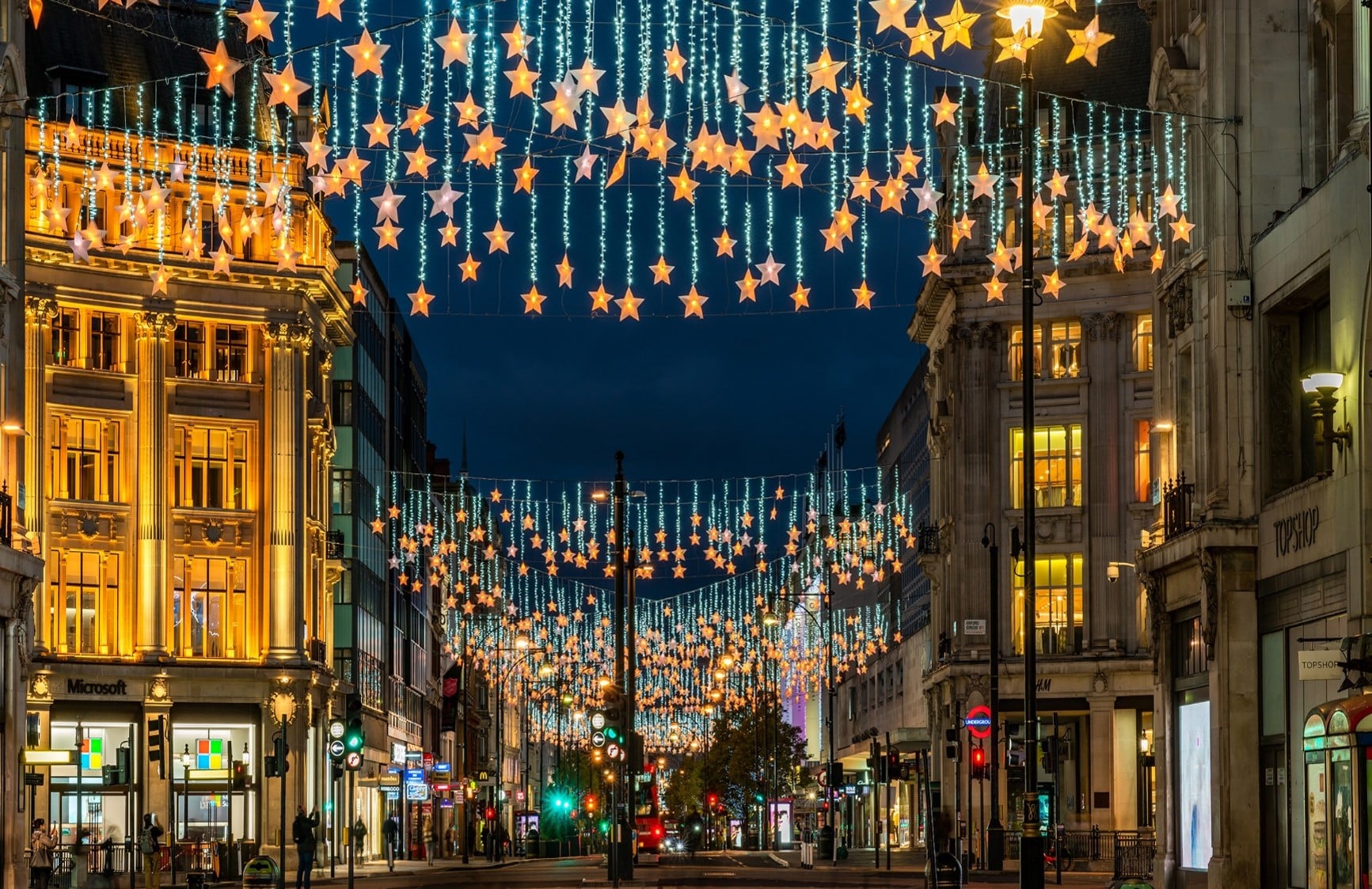 the shimmering stars suspended above Oxford Street as part of the Oxford Street Christmas Lights display