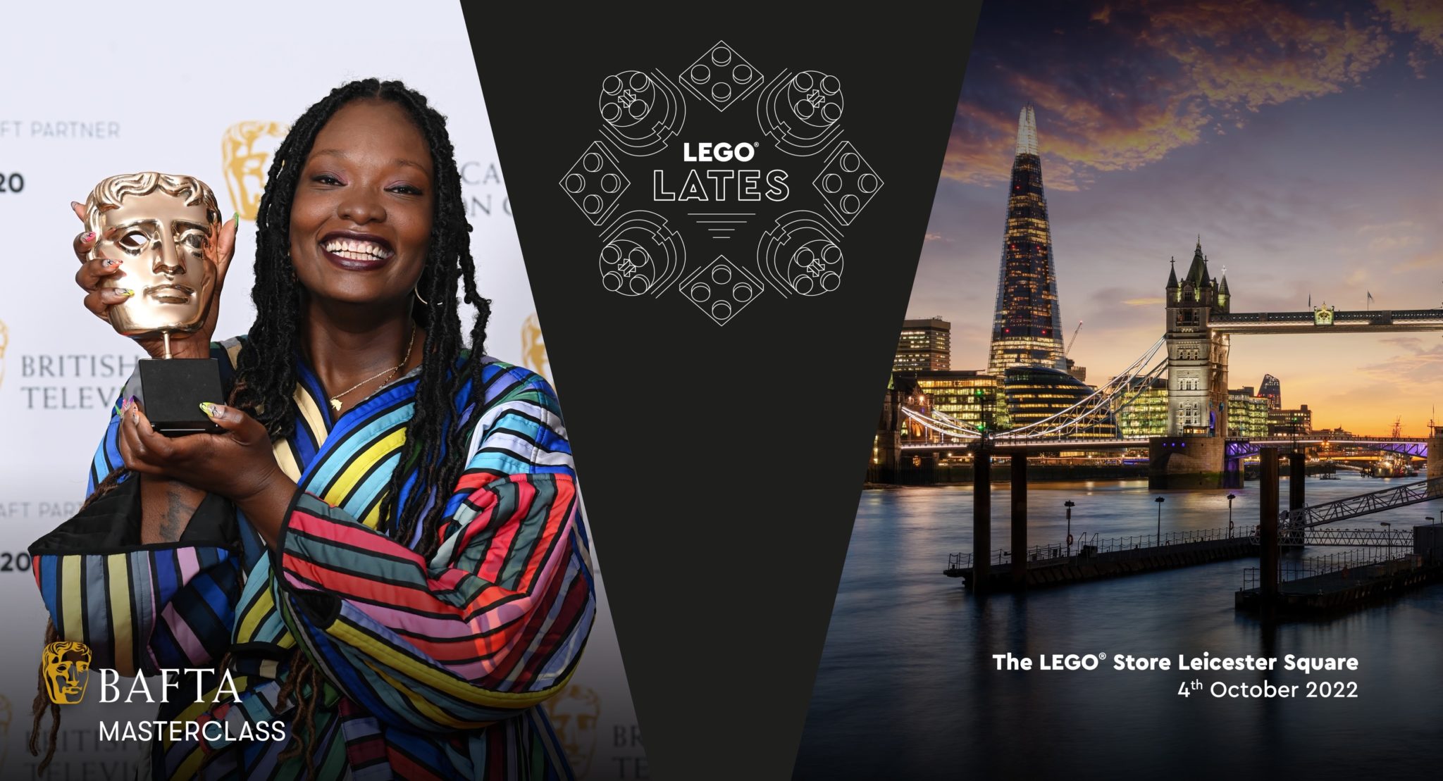 A poster for LEGO Lates, showing PC Williams and a view of London
