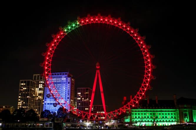 London eye lit up in red and green