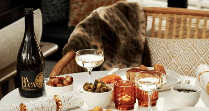 Some Champagne and nibbles on offer at a New Year's Dinner at Laurel’s on the Roof at the Mondrian Shoreditch.