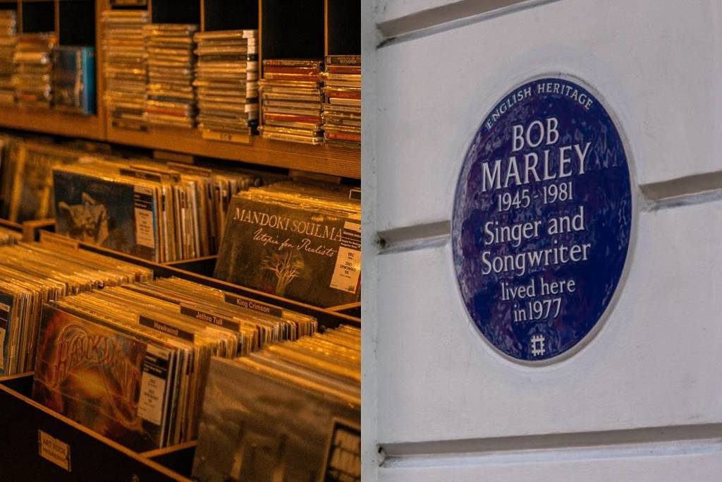 Eine Collage von Aktivitäten für Musikliebhaber in London, einschließlich Wahrzeichen und Plattenläden