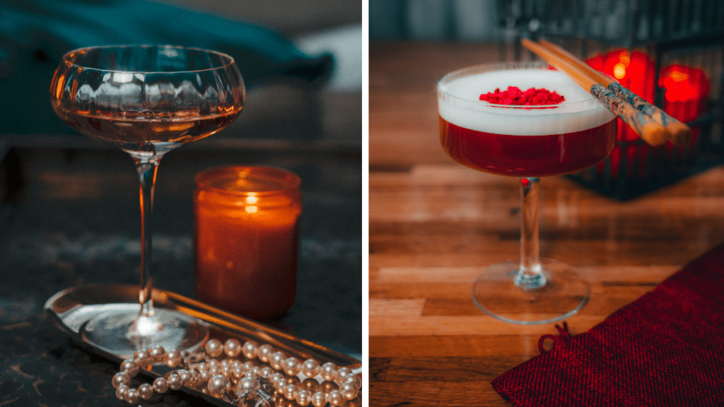 a split image showing two luxurious looking cocktails from Lucy Wong