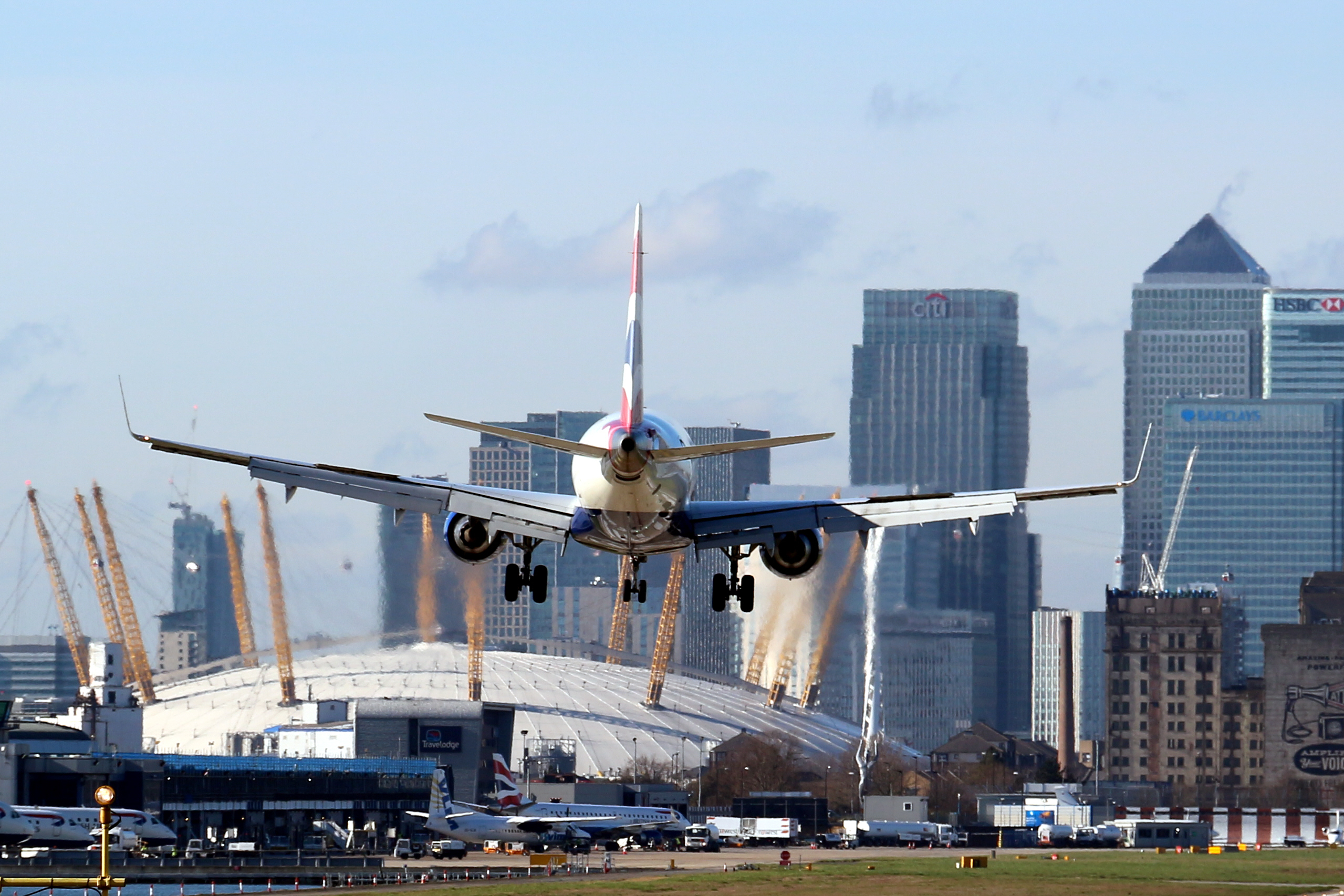 London City Airport flight touching down
