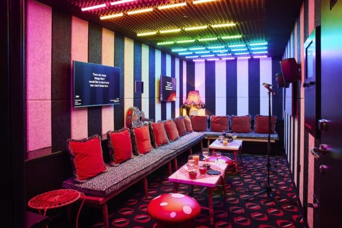 a colourful karaoke room at Mama Shelter Shoreditch