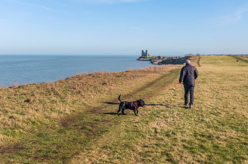 Ein Mann, der mit seinem Hund zwischen Herne Bay und Whitstable in Kent spazieren geht