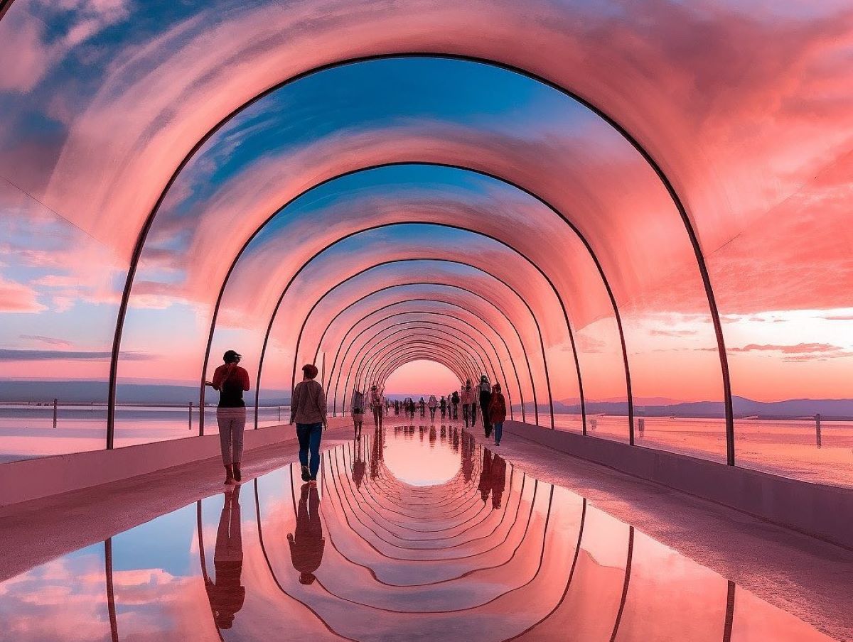 People stood inside the underground tunnel with a pink and blue landscape projected on the walls