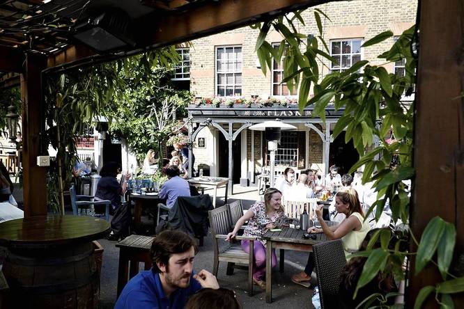 Beer garden at The Flask pub in Highgate, London.