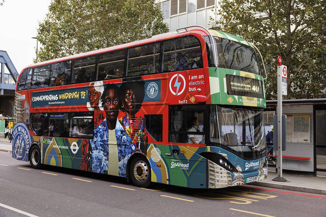 Numebr 40 bus sporting the wrap, designed for Black History Month