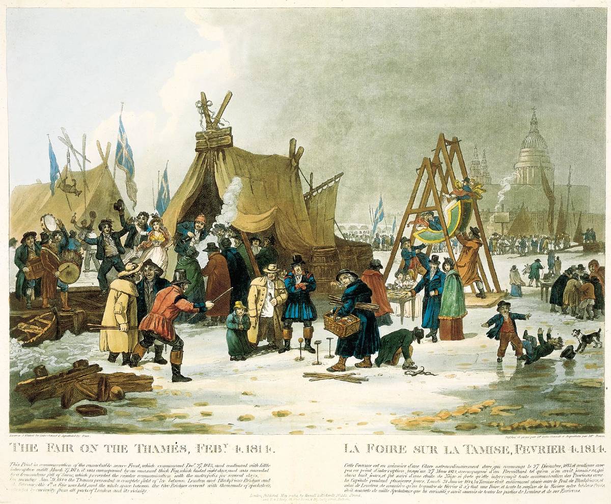 a painting of a 'frost fair' showing haphazard wooden constructions of markets and attractions, with people wandering about in the cold, atop the frozen river thames