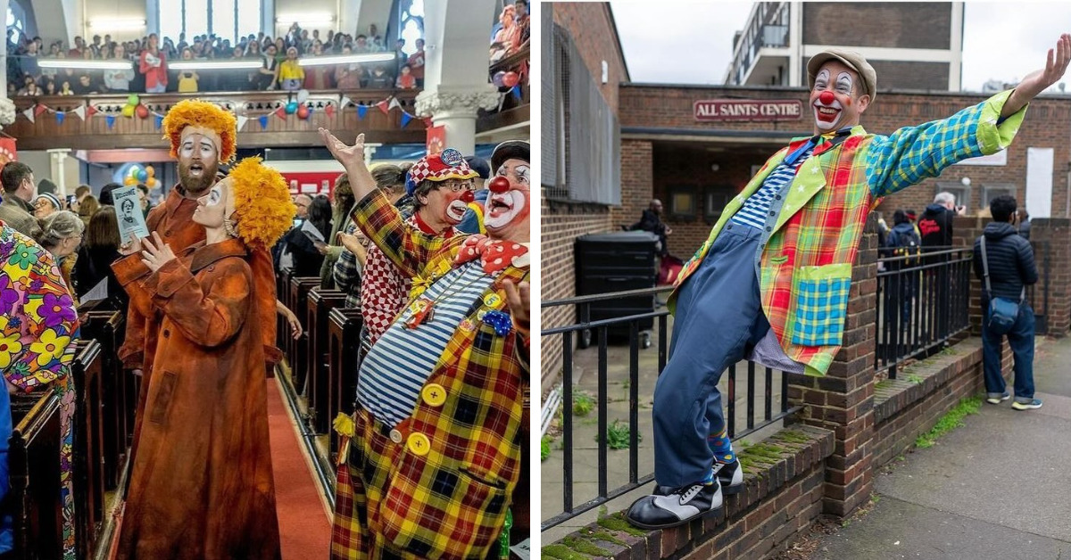 a split screen image showing clowns in a church and a clown posing outside the church