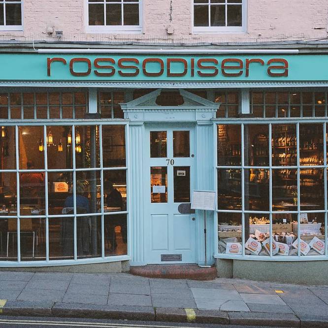 Exterior to ROSSODISERA Italian restaurant in Hampstead, London.
