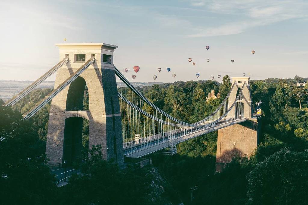 Clifton Suspension Bridge in Bristol during annual Hot Air Balloon festival
