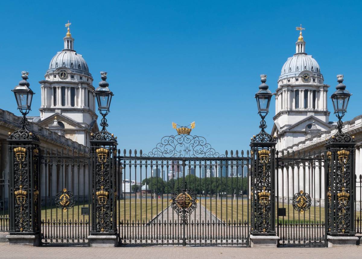The grand gates to the Old Royal Navy College in Greenwich