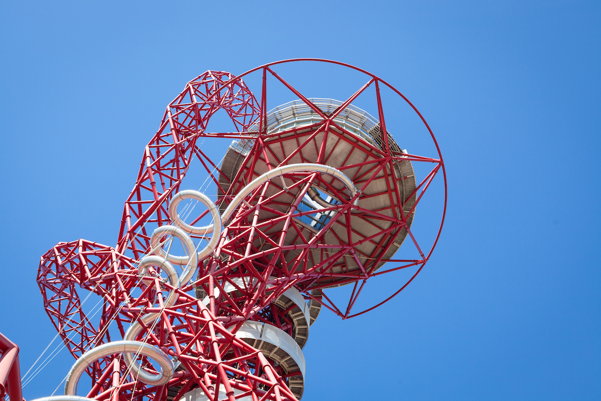 The ArcelorMittal Orbit sculpture with slide at the Queen Elizabeth Olympic Park, a legacy of the Olympic Games designed by Anish Kapoor and Cecil Balmond.
