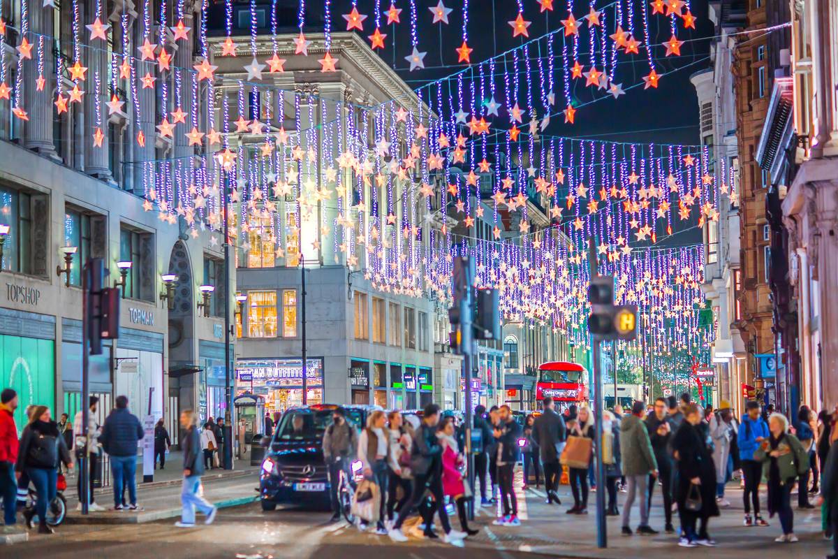 Oxford street Christmas lights shining out over the city