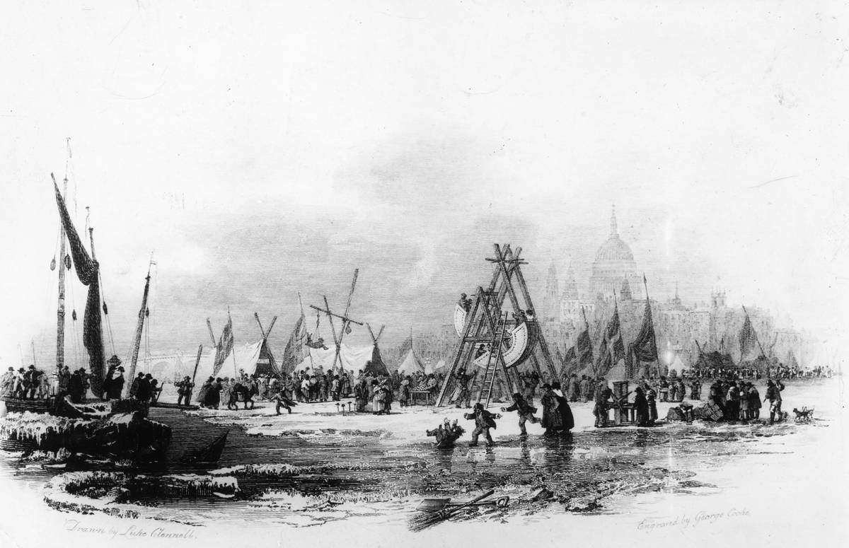 An image from the 1800s of a frost fair taking place on the River Thames