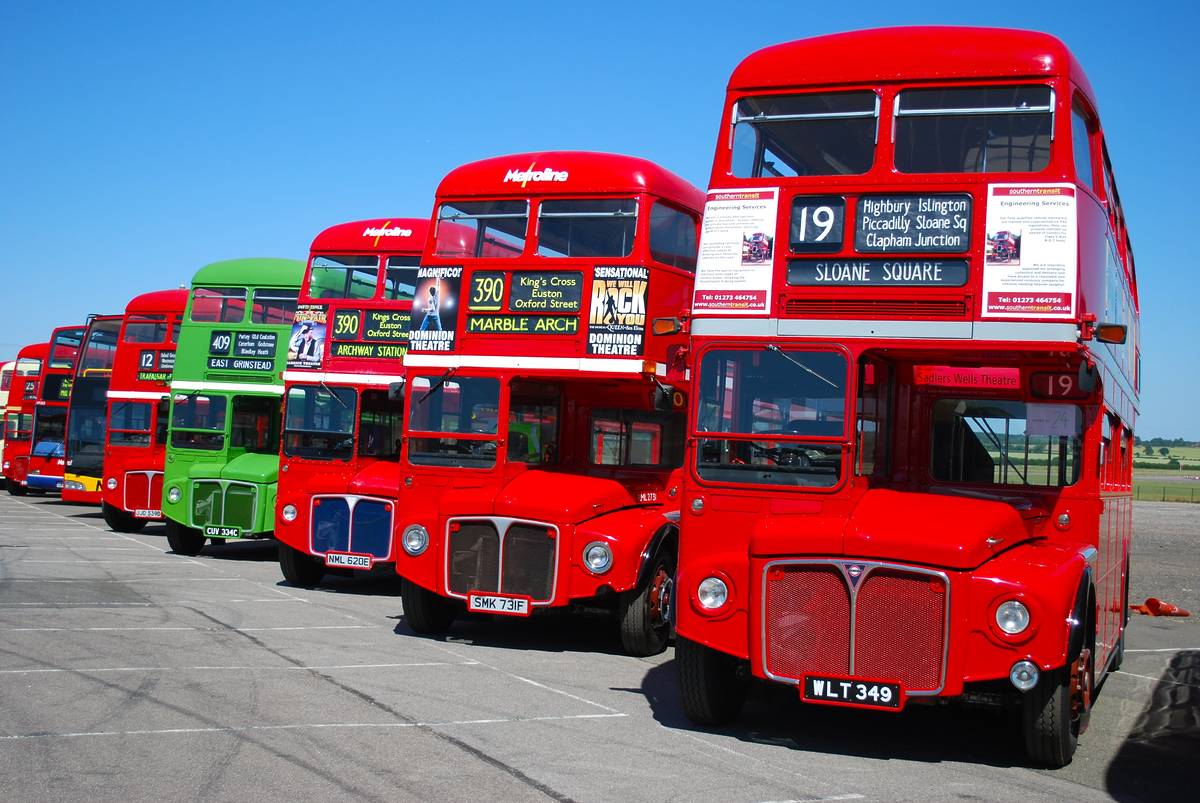 vintage routemaster buses lined up in a row under a bright blue sky