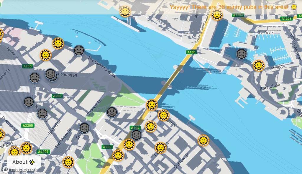 Ein Screenshot von der Sunny Days Pub-Karte, der den Sonnenuntergang und die Schatten der umliegenden Gebäude zeigt