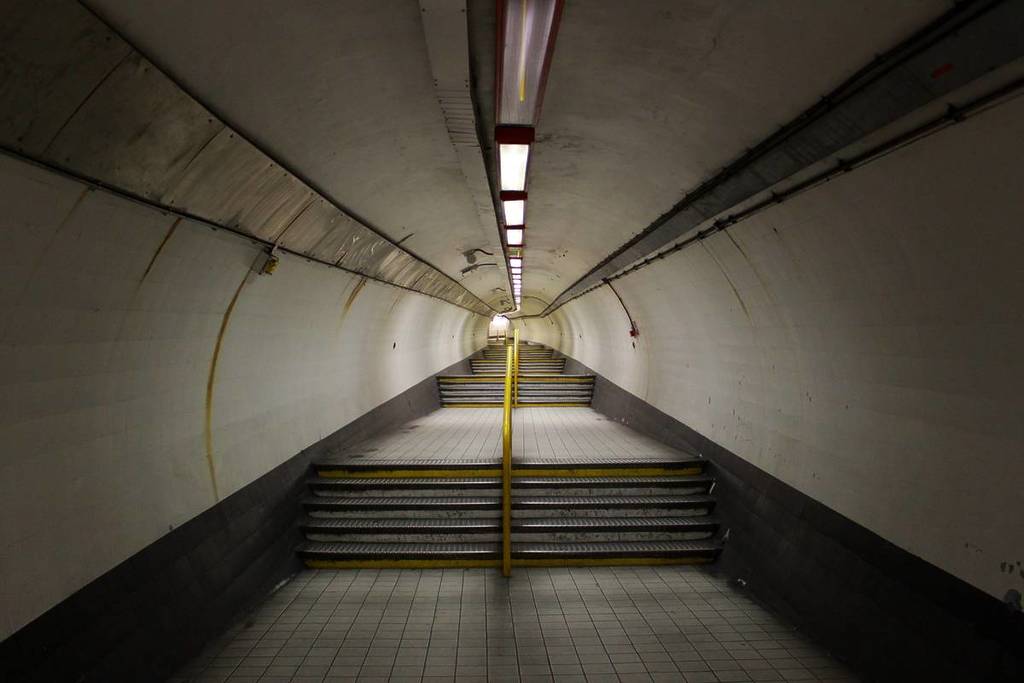An empty stairway at a London Underground station
