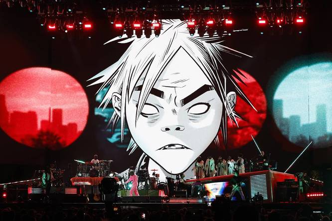 INDIO, CALIFORNIA - APRIL 14: (L-R) Jamie Principle performs with Damon Albarn of Gorillaz at the Coachella Stage during the 2023 Coachella Valley Music and Arts Festival on April 14, 2023 in Indio, California. (Photo by Frazer Harrison/Getty Images for Coachella)
