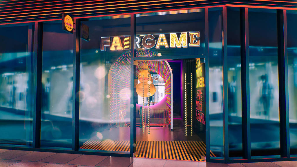 L'entrée du deuxième site de Fairgame, avec un canard rotatif qui attend les visiteurs.