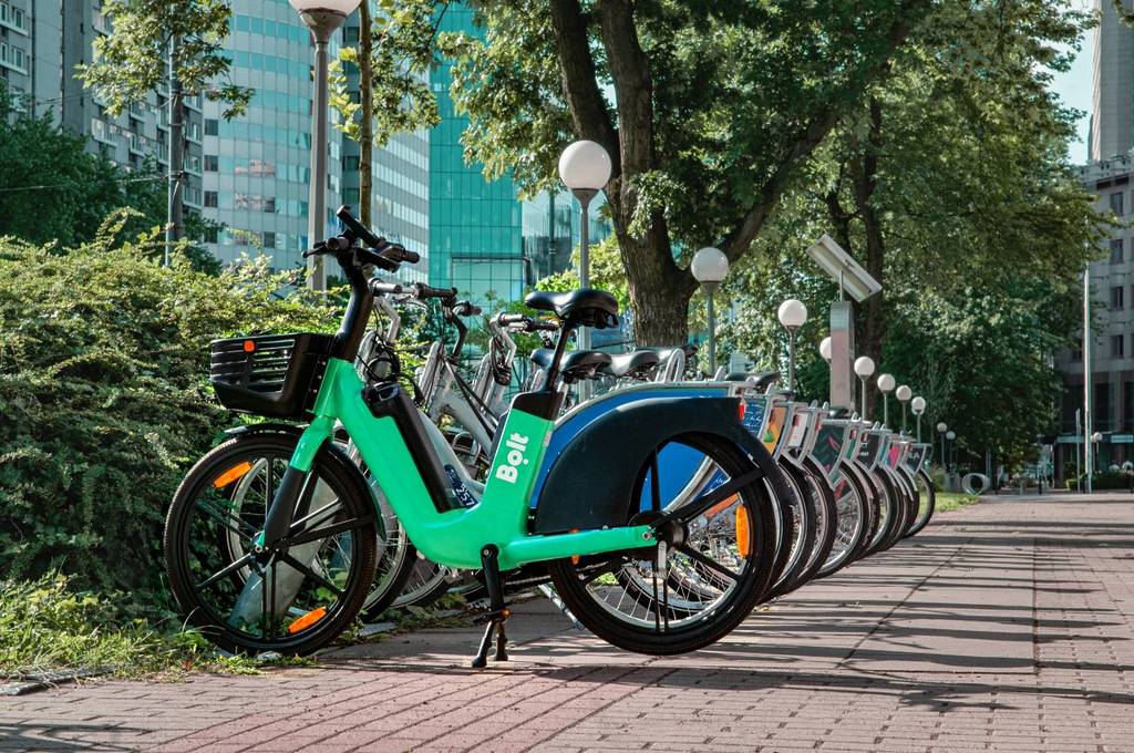 Bolt bikes parked up in Warsaw, Poland